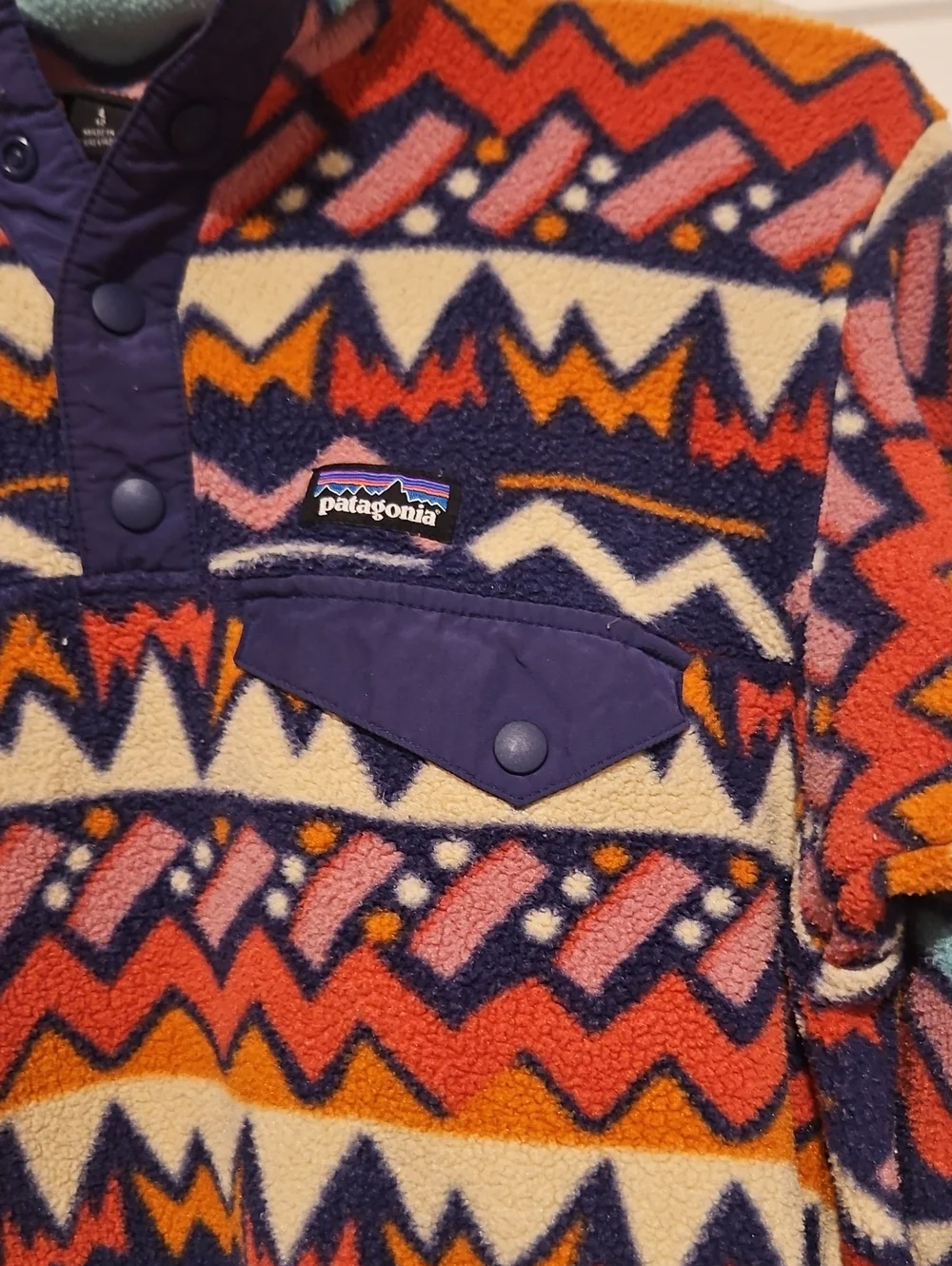 Patagonia Multicolor Geometric Zip-Up Fleece - Navy, Orange, Teal, Yellow